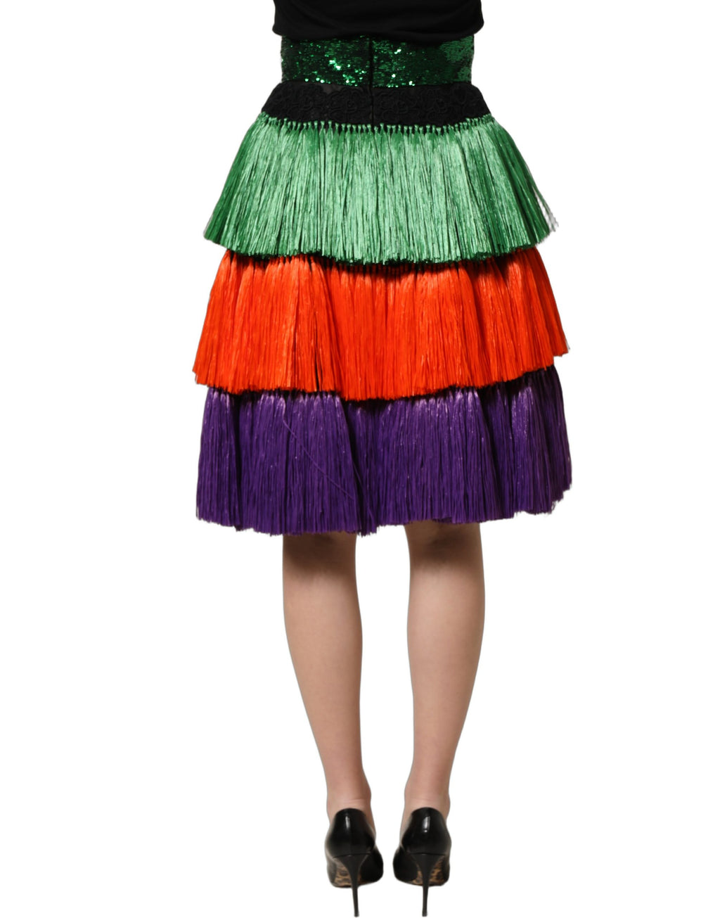 Dolce & Gabbana Multicolor Fringed High Waist Knee Length Skirt
