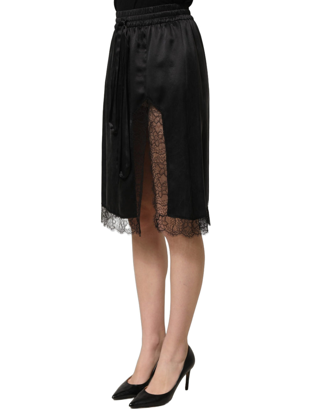 Dolce & Gabbana Black Lace Trimmed Satin Side Slit Skirt