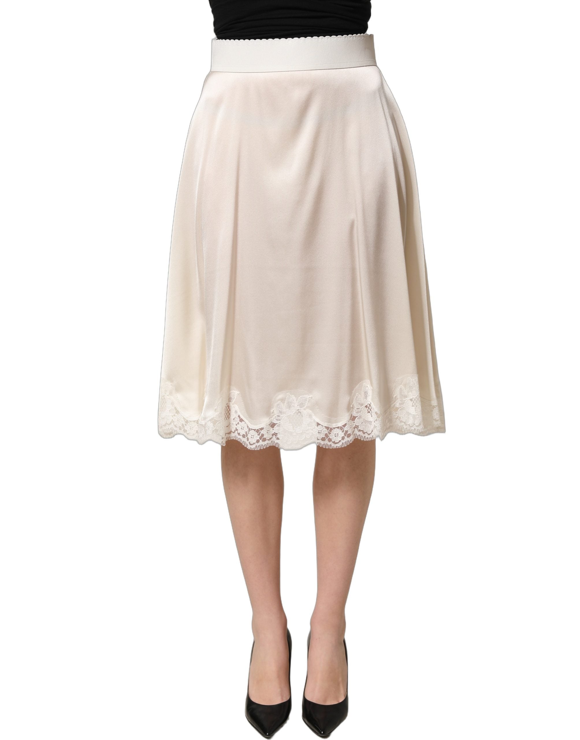 Dolce & Gabbana Off White Lace Trimmed Satin High Waist Skirt