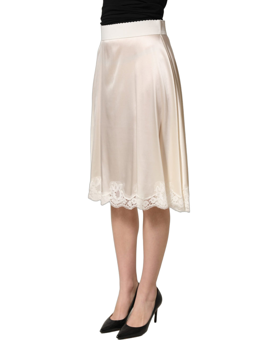 Dolce & Gabbana Off White Lace Trimmed Satin High Waist Skirt