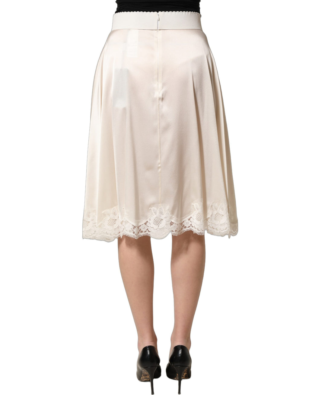 Dolce & Gabbana Off White Lace Trimmed Satin High Waist Skirt