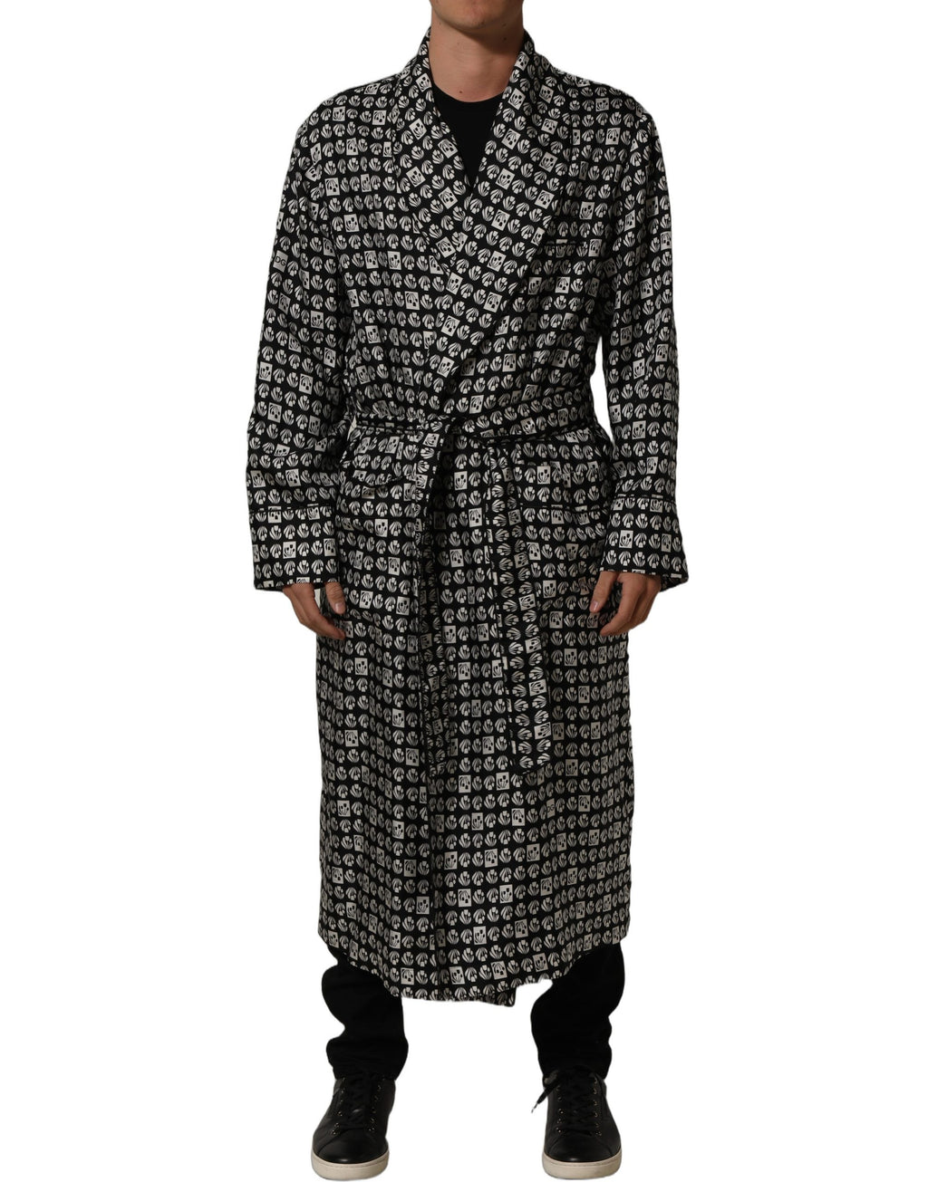 Dolce & Gabbana Black White Silk Men Wrap Robe Coat Jacket