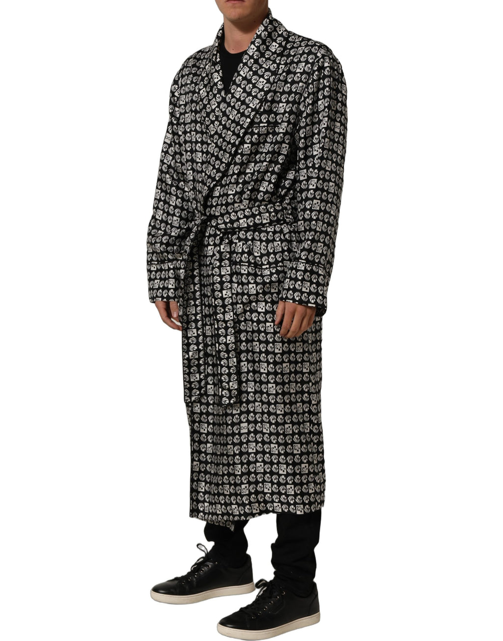 Dolce & Gabbana Black White Silk Men Wrap Robe Coat Jacket