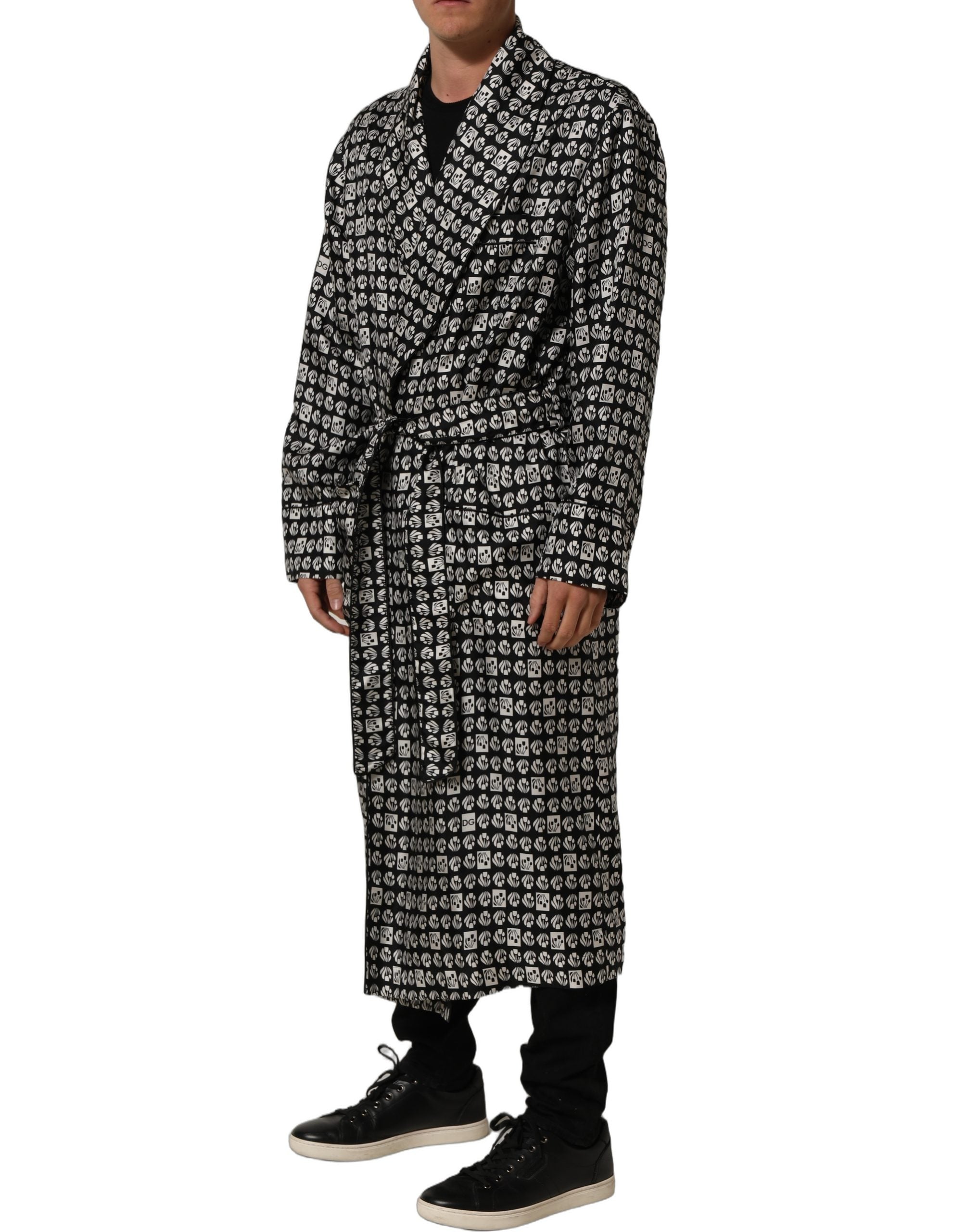 Dolce & Gabbana Black White Silk Men Wrap Robe Coat Jacket