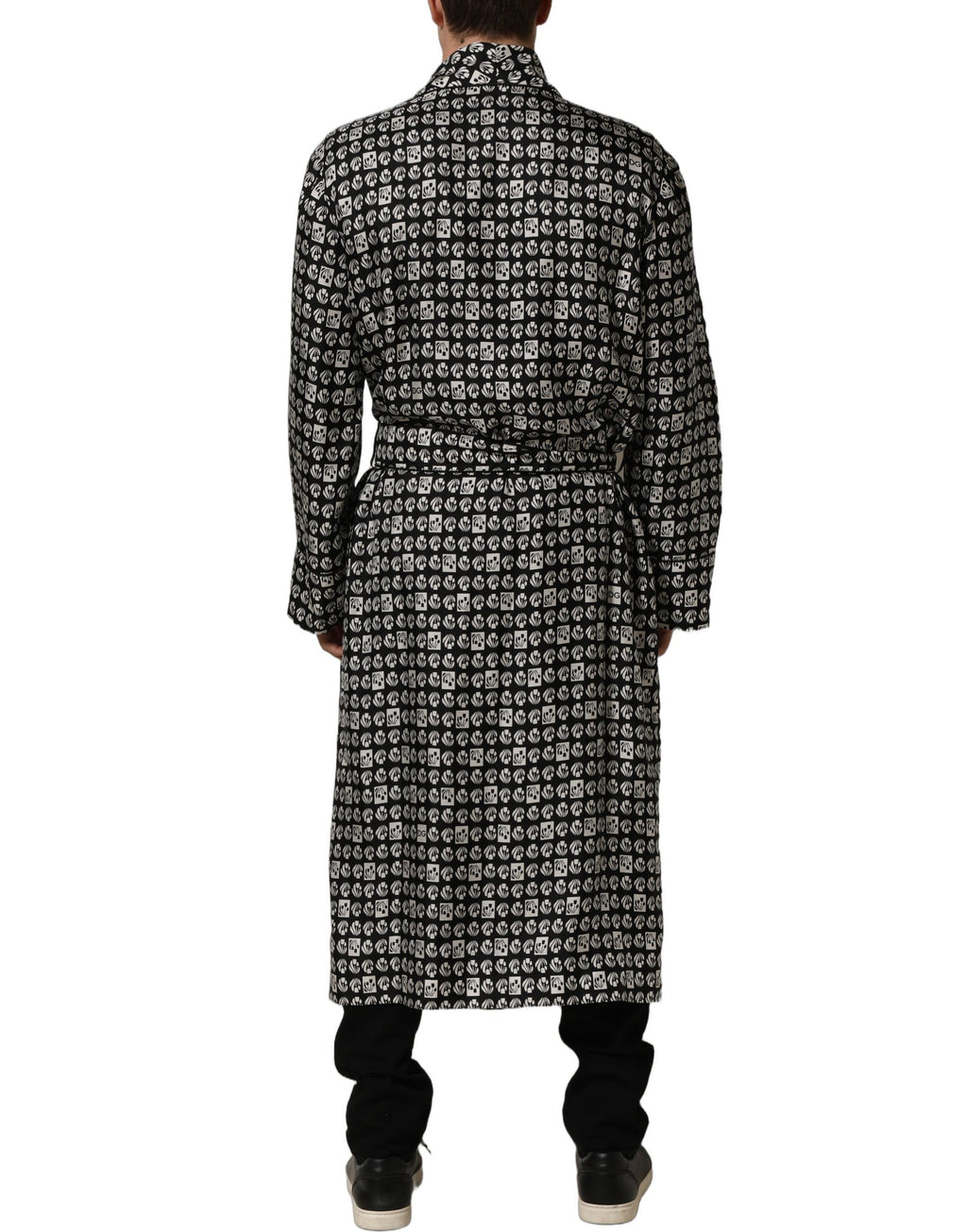 Dolce & Gabbana Black White Silk Men Wrap Robe Coat Jacket
