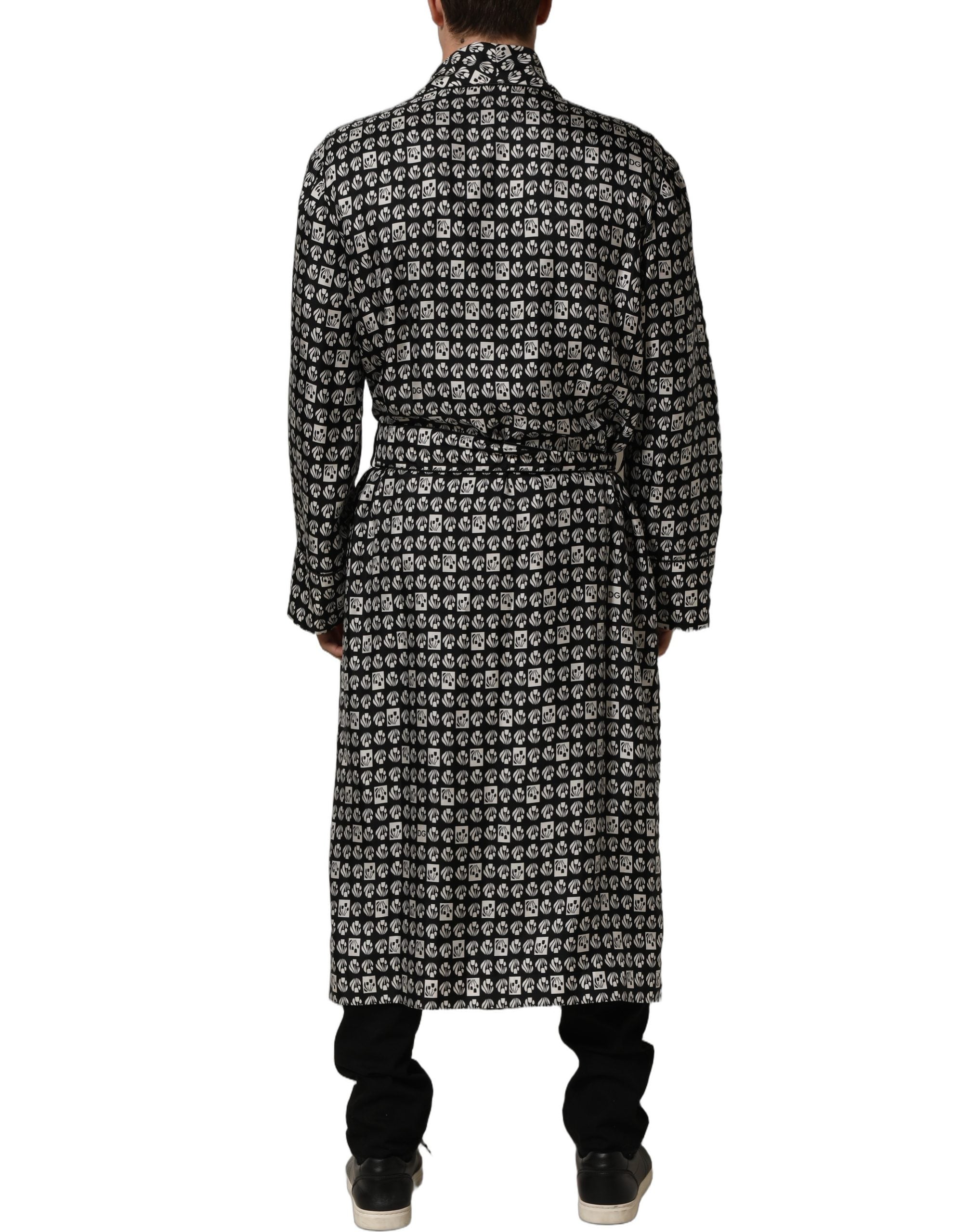Dolce & Gabbana Black White Silk Men Wrap Robe Coat Jacket