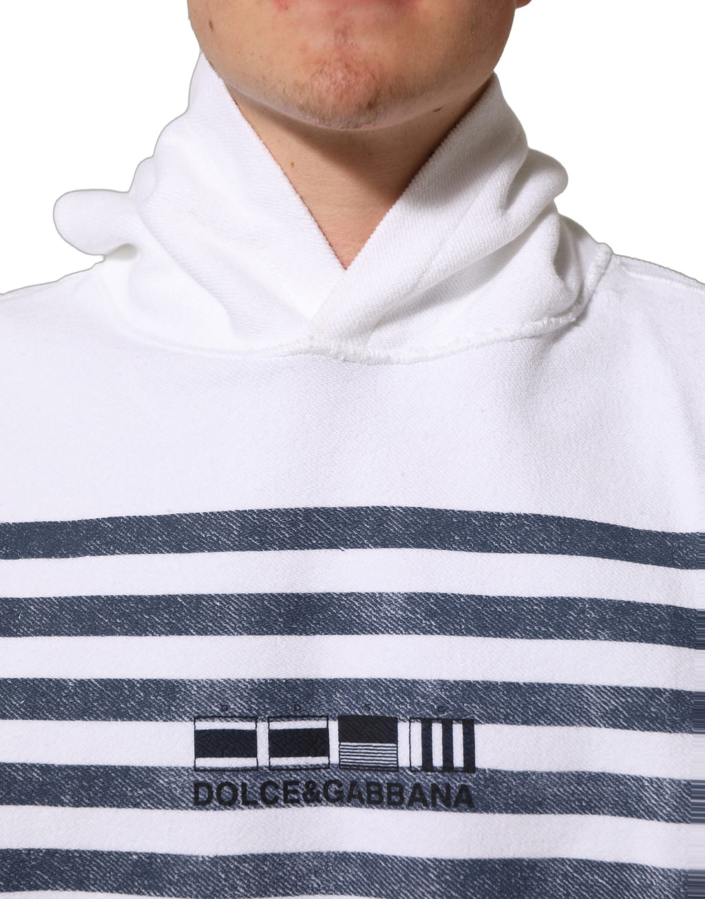 Dolce & Gabbana White Blue Stripe Hooded Sweatshirt Sweater