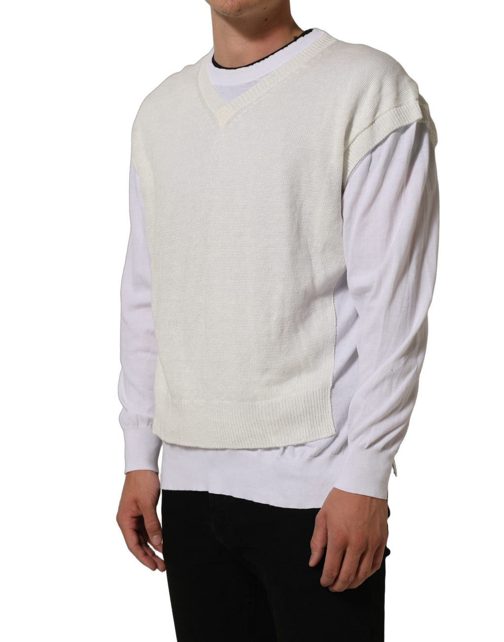 Dolce & Gabbana White Flax CrewNeck Layered Pullover Sweater