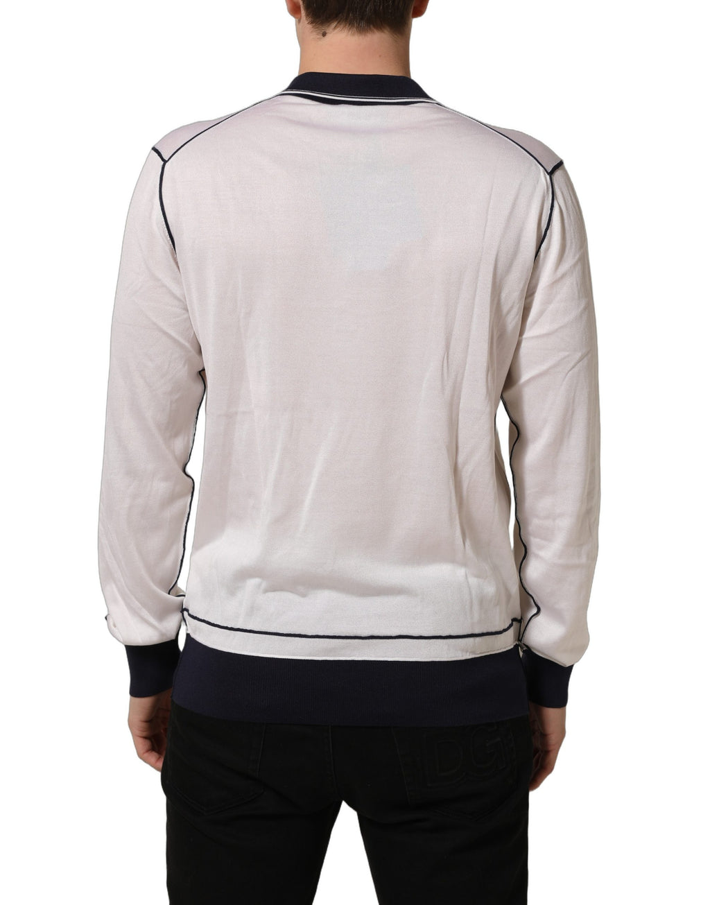 Dolce & Gabbana White Silk Collared Henley Pullover Sweater