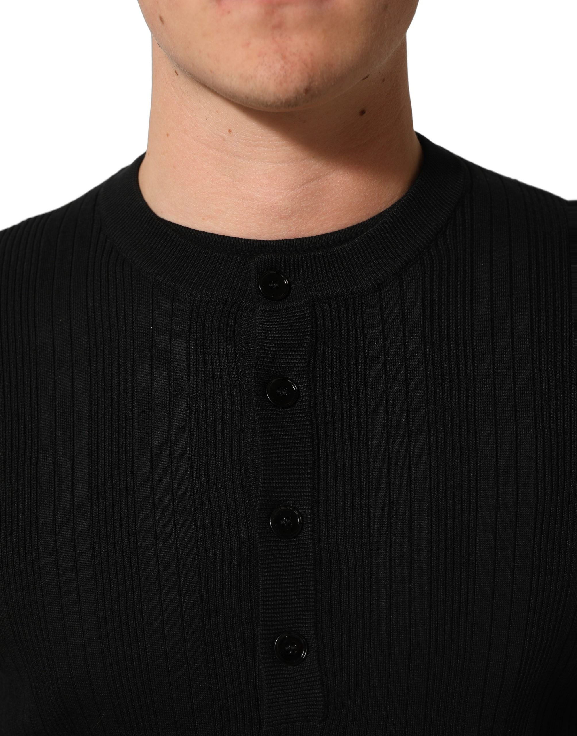 Dolce & Gabbana Black Silk Blend Henley Pullover Men Sweater