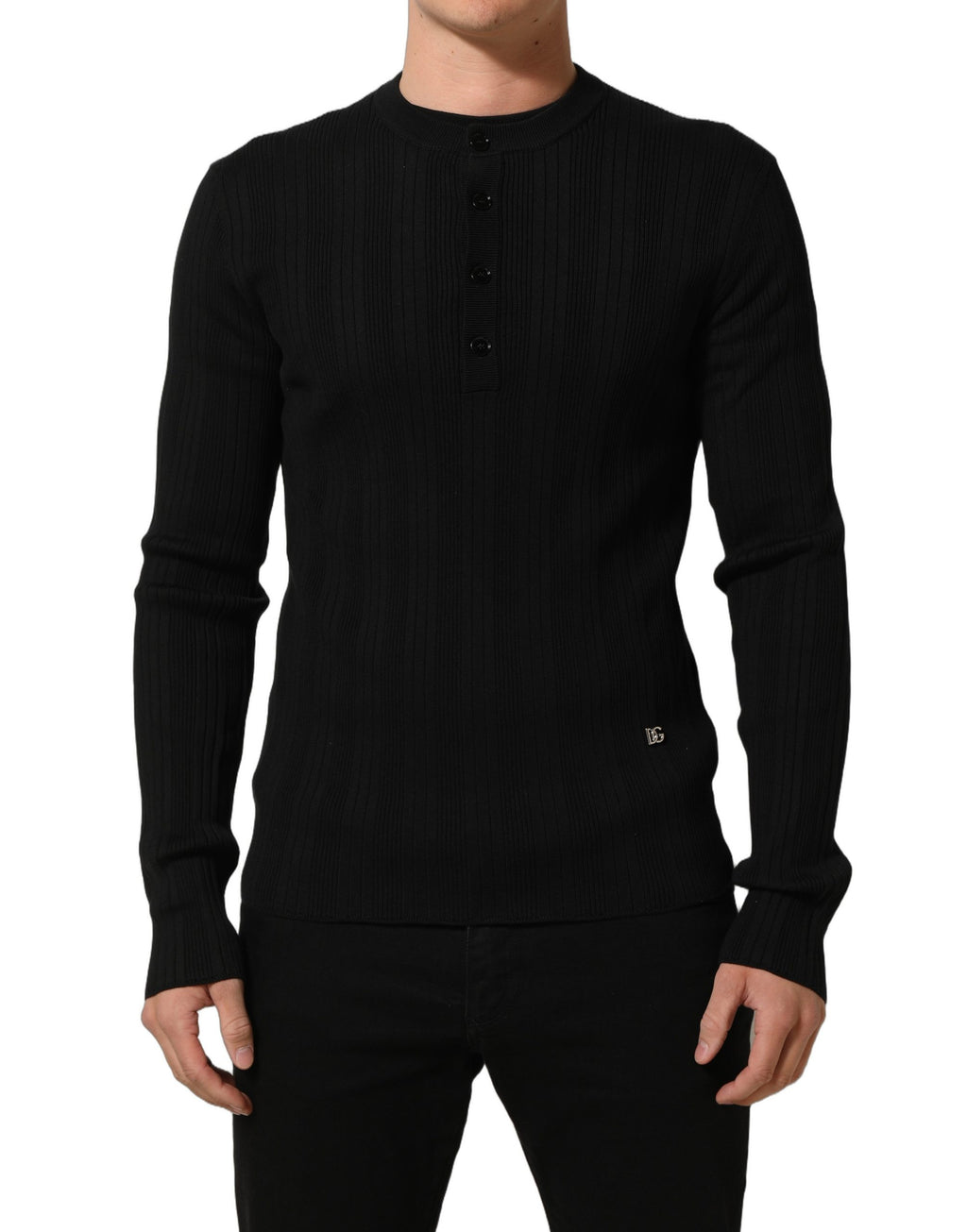 Dolce & Gabbana Black Silk Blend Henley Pullover Men Sweater
