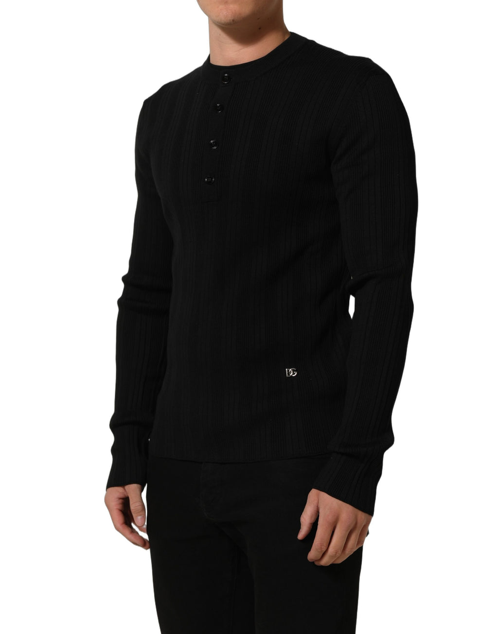 Dolce & Gabbana Black Silk Blend Henley Pullover Men Sweater