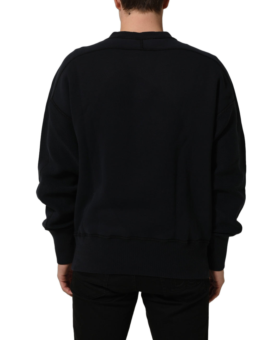 Dolce & Gabbana Black Logo Plaque Cotton Crew Neck Pullover Sweater