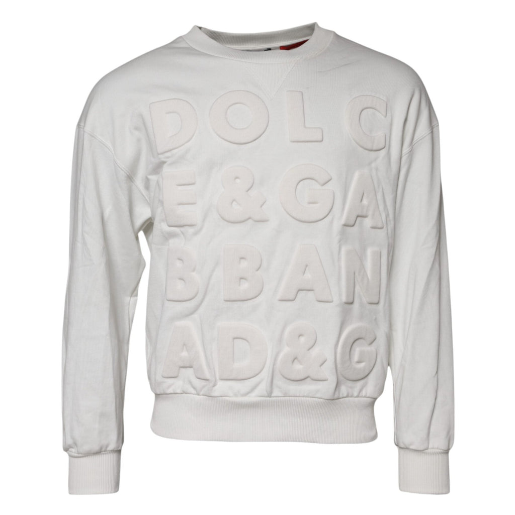 Dolce & Gabbana White Embossed Logo Cotton Crew Neck Sweater