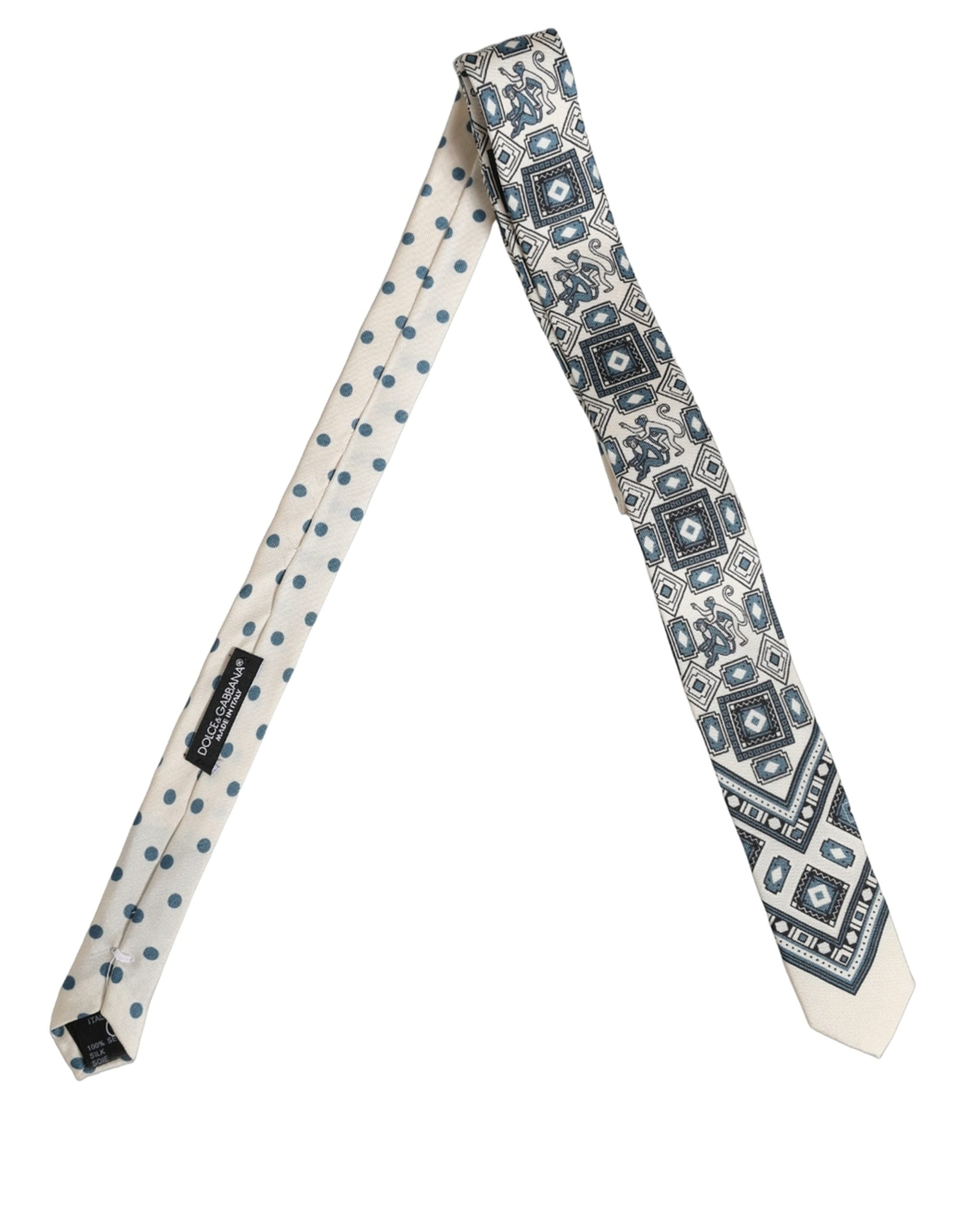 Dolce & Gabbana Men Off White Blue Geometric Adjustable Tied Necktie Tie