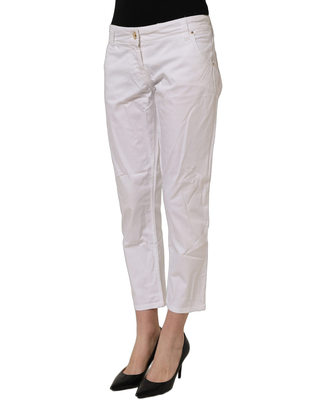 Gaudi White Mid Waist Straight Cropped Cotton Trouser Pants