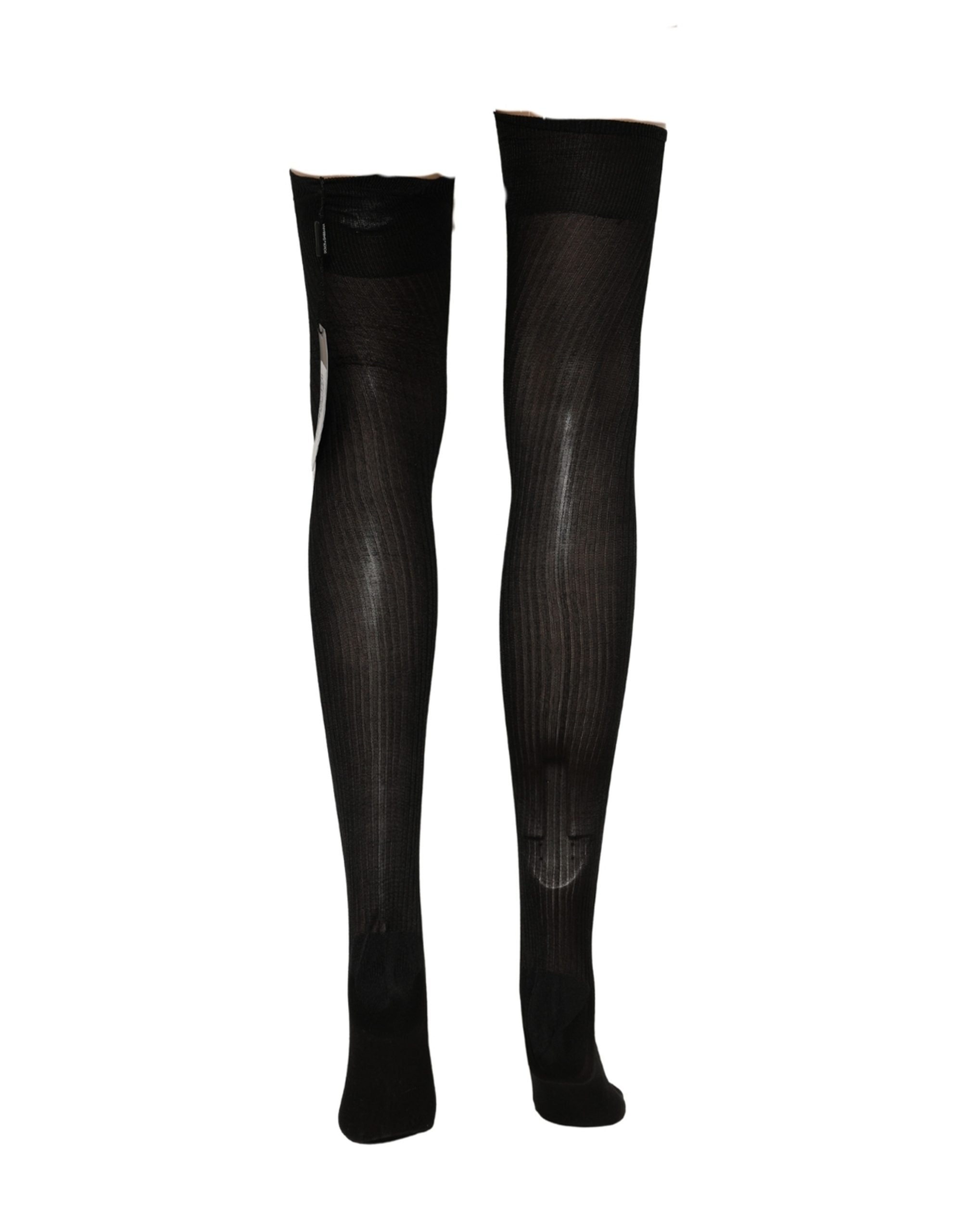 Dolce & Gabbana Black DG Logo Rhinestones Stretch Thigh High Socks