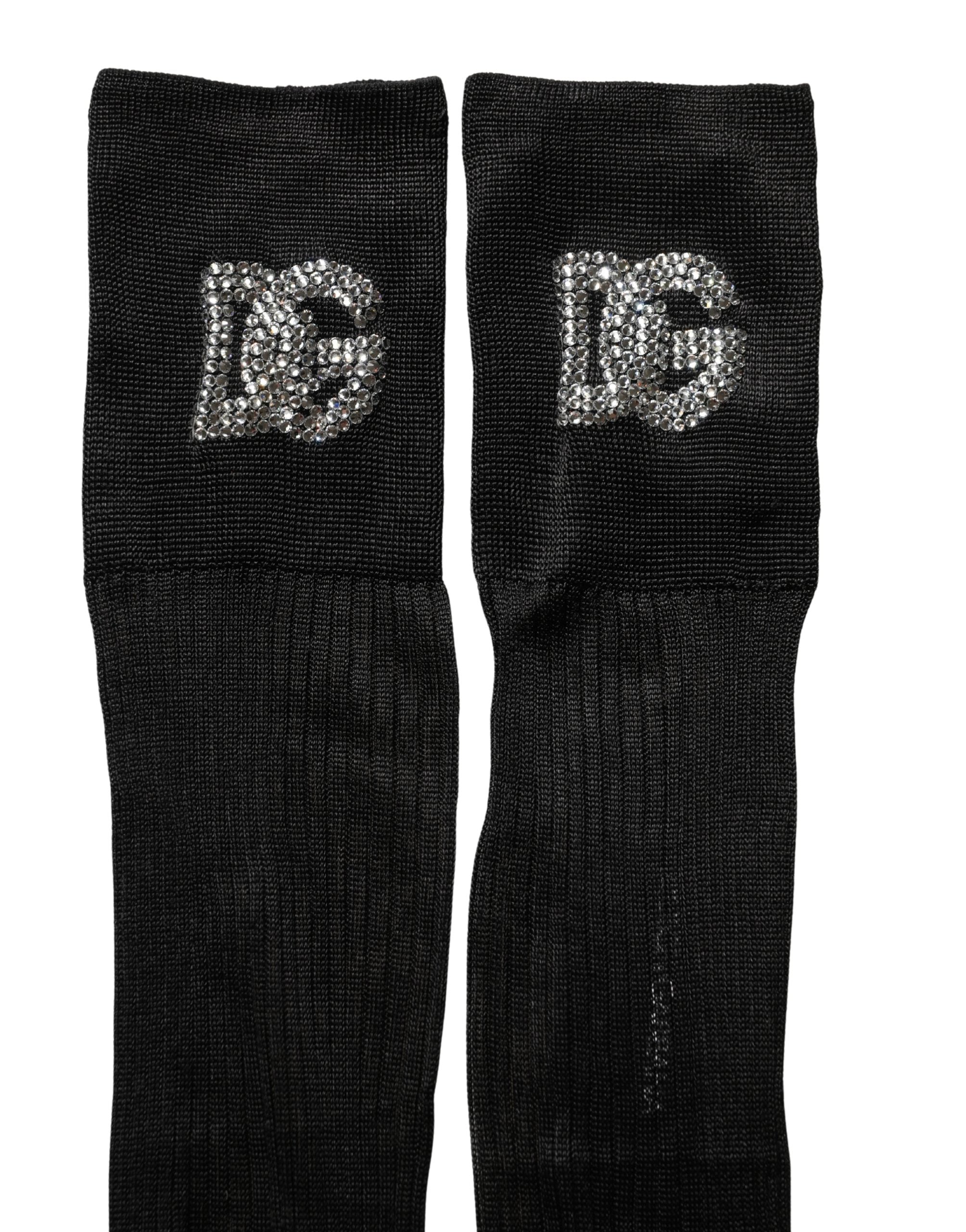 Dolce & Gabbana Black DG Logo Rhinestones Stretch Thigh High Socks