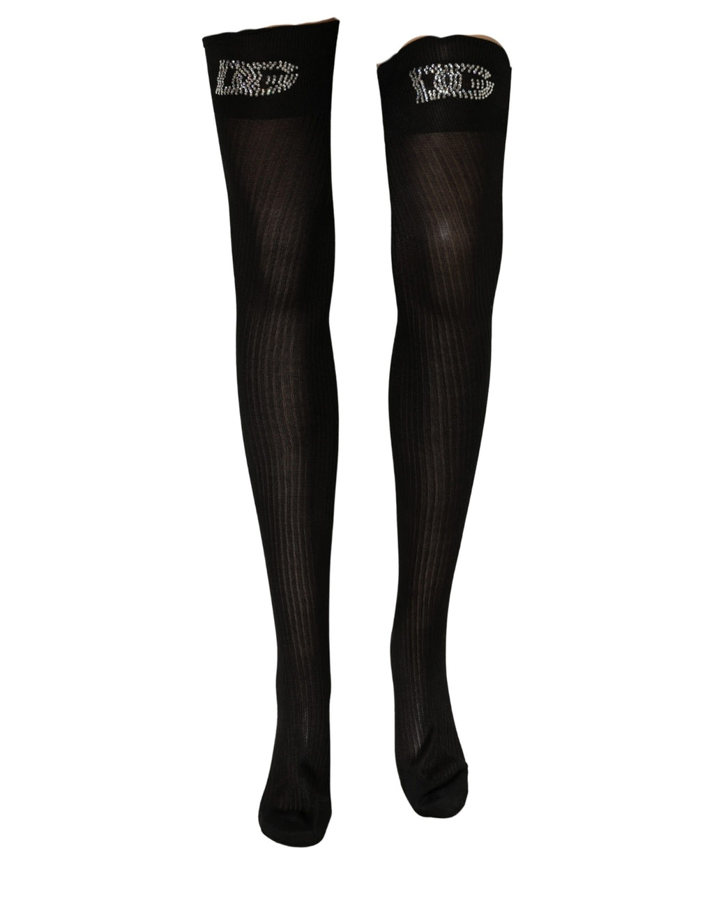 Dolce & Gabbana Black DG Logo Rhinestones Stretch Thigh High Socks