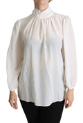Dolce & Gabbana White Silk Pussy Bow Long Sleeved Top Blouse