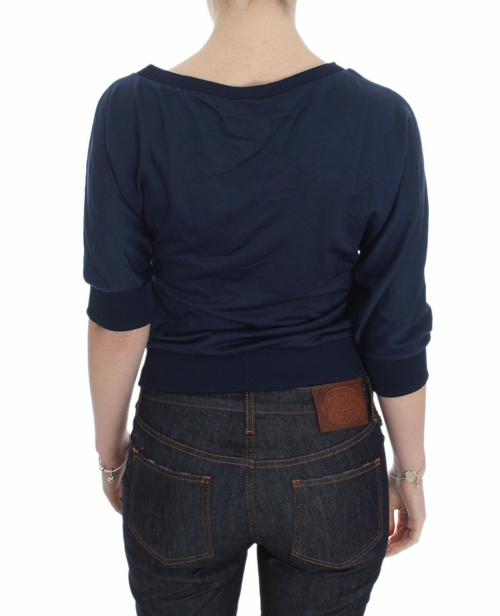 Exte Blue Cotton Top Pullover Deep V-neck Women Sweater