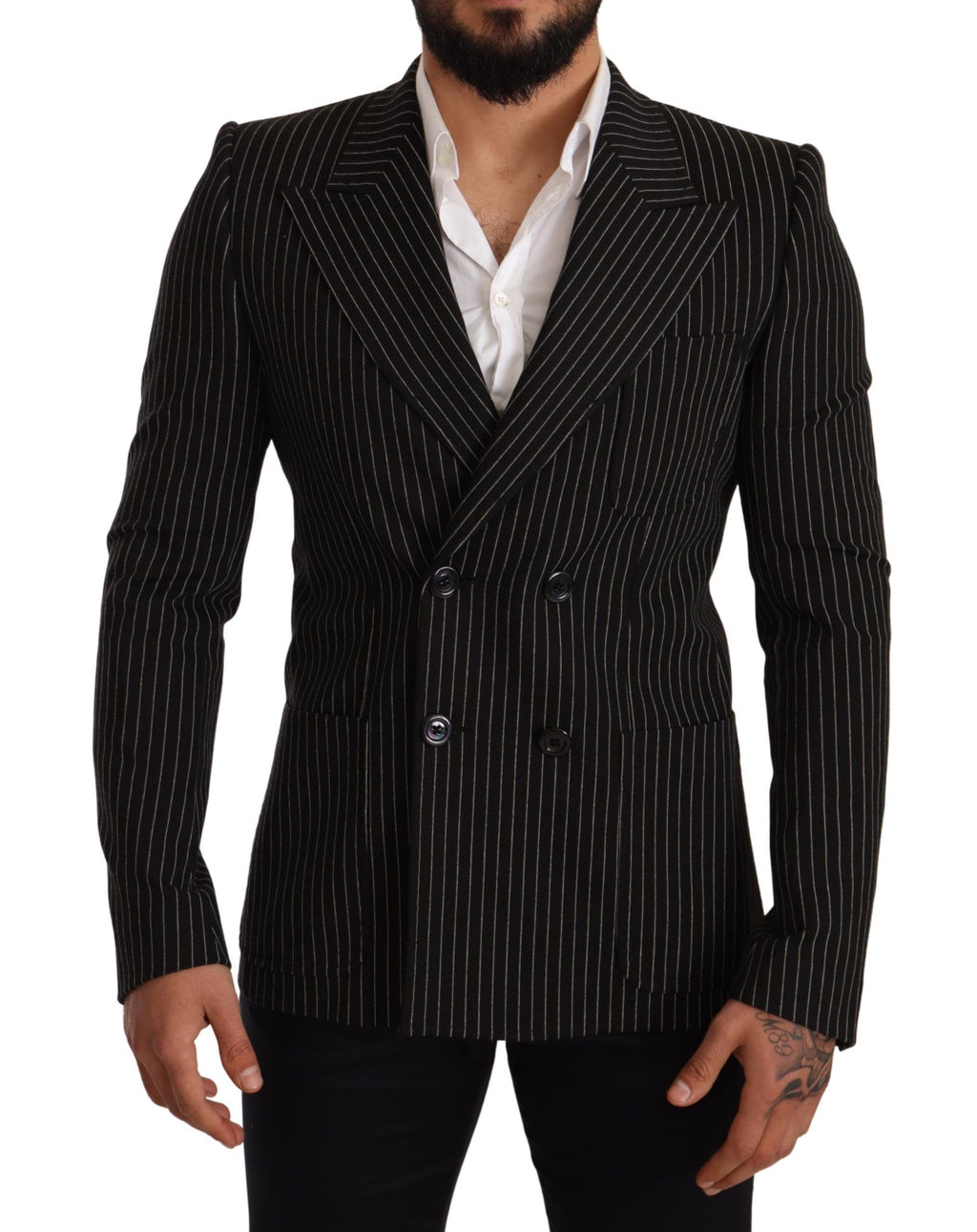 Dolce & Gabbana Dark Gray White Striped Slim Fit Coat Blazer