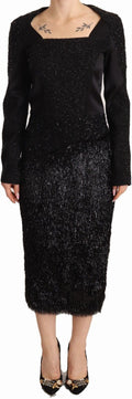 Masha Ma Black Studs Embellished Long Sleeves Sheath Midi Dress