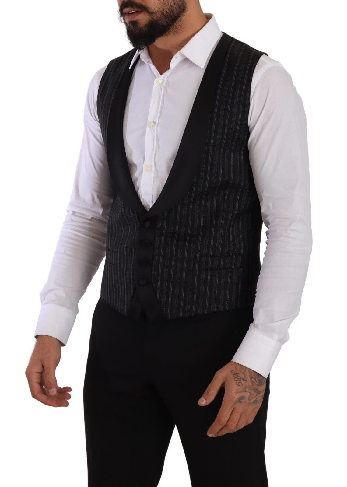 Dolce & Gabbana Dark Gray Striped Wool Silk Waistcoat Vest