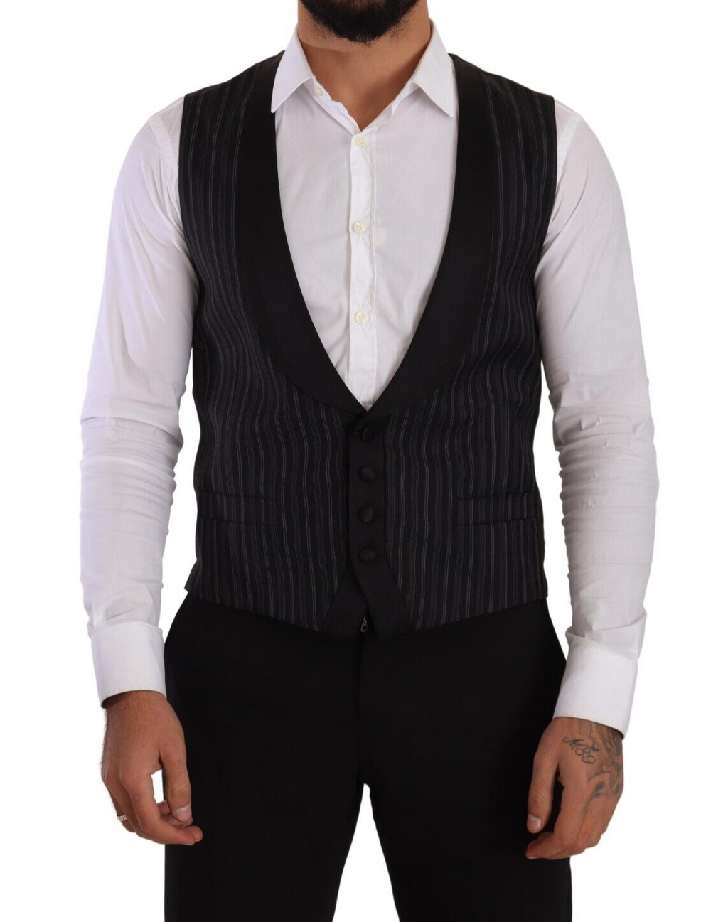 Dolce & Gabbana Dark Gray Striped Wool Silk Waistcoat Vest