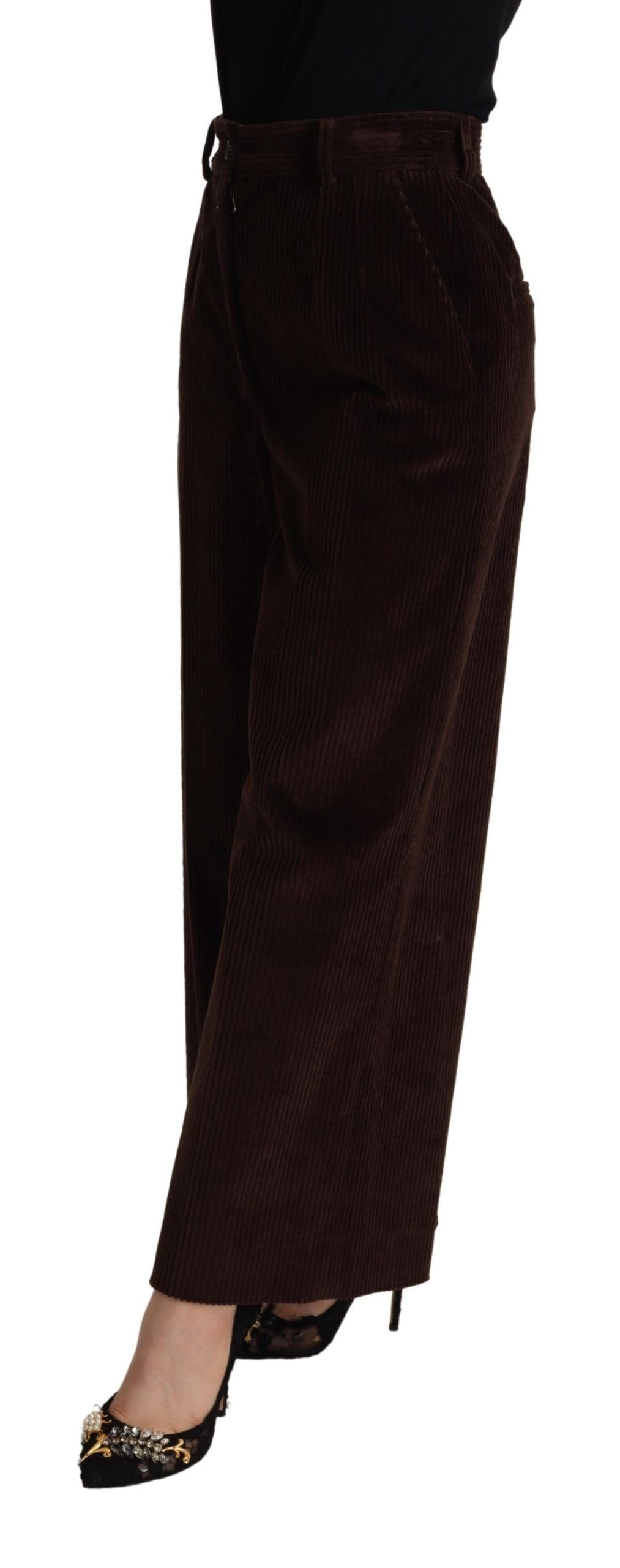 Dolce & Gabbana Brown Cotton High Waist Trouser Wide Leg Pants