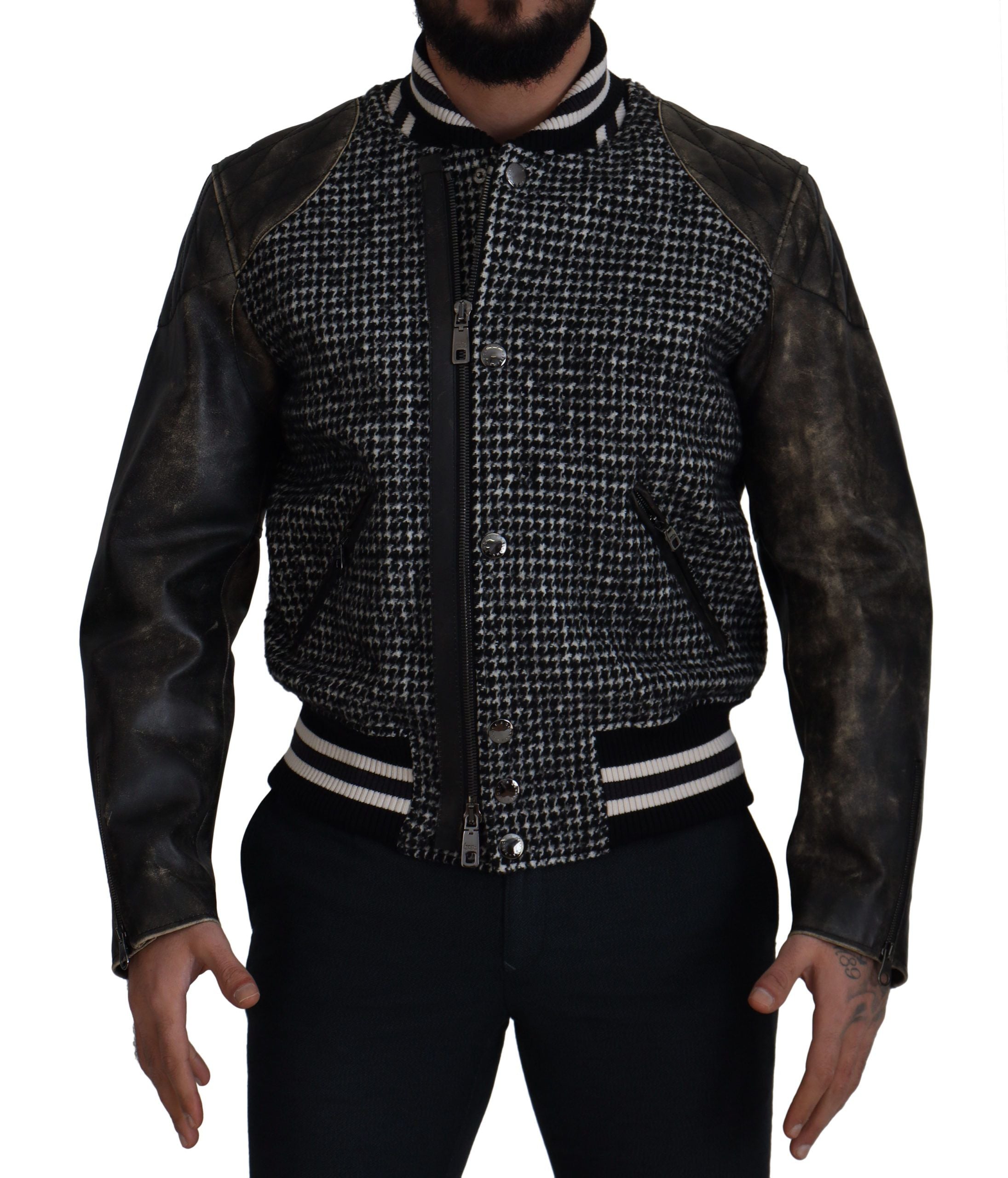 Dolce & Gabbana Dark Gray Houndstooth Polyester Bomber Jacket