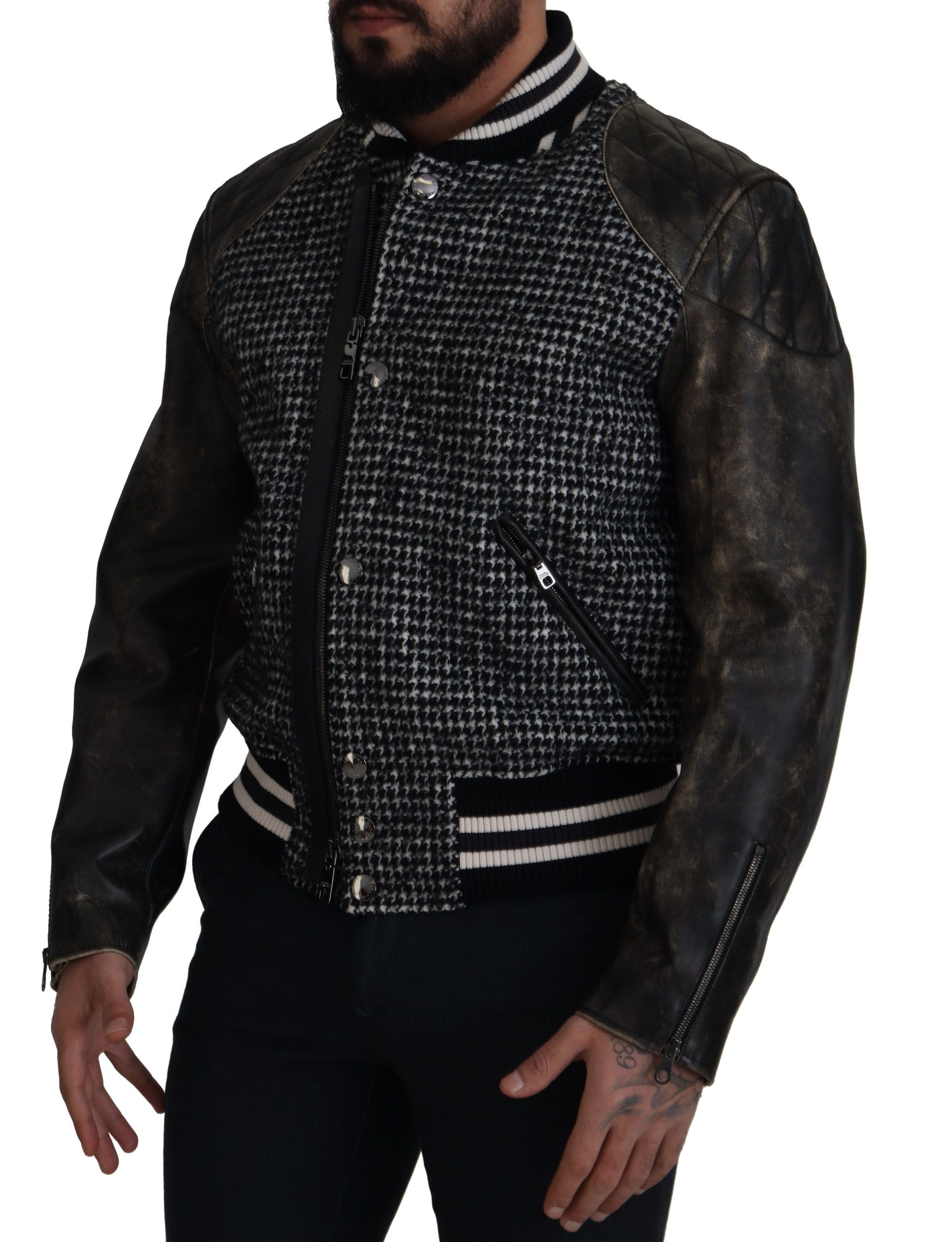 Dolce & Gabbana Dark Gray Houndstooth Polyester Bomber Jacket