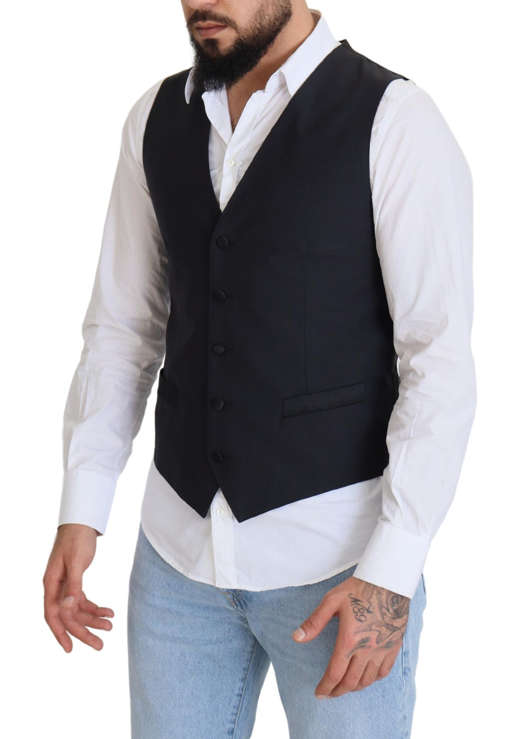 Dolce & Gabbana Dark Blue Wool Stretch Waistcoat Formal Vest