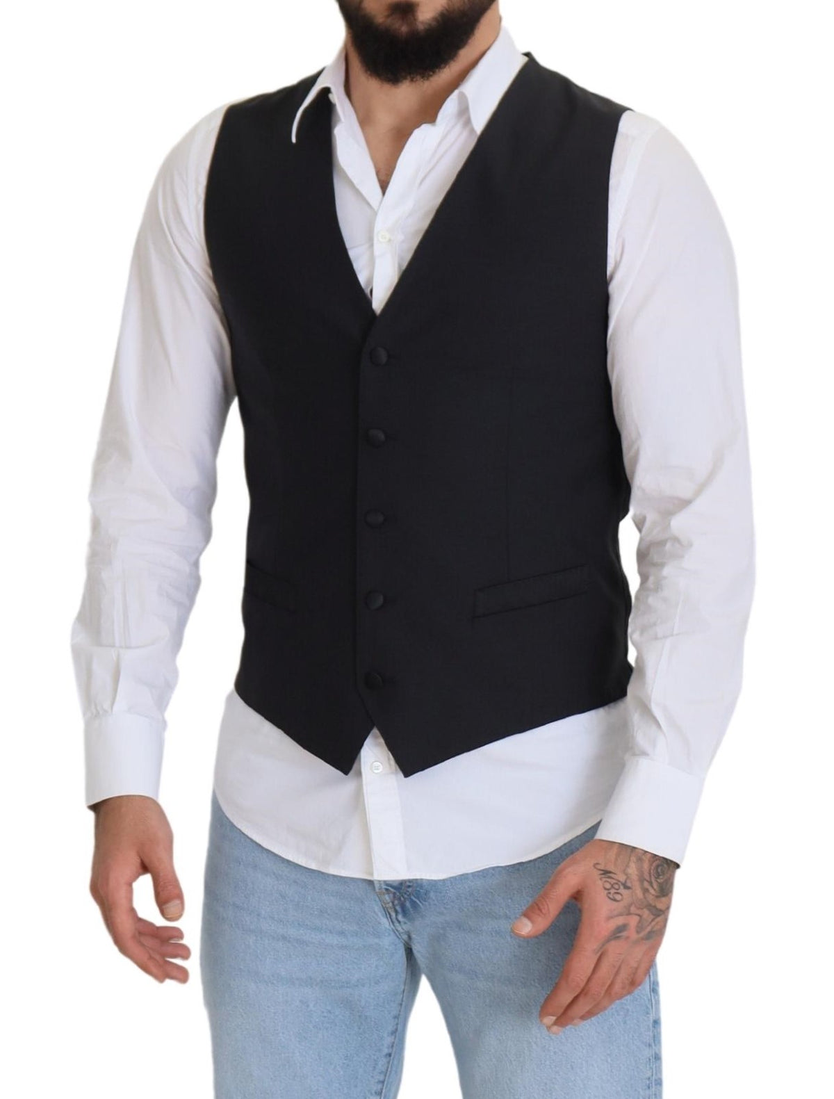 Dolce & Gabbana Dark Blue Wool Stretch Waistcoat Formal Vest