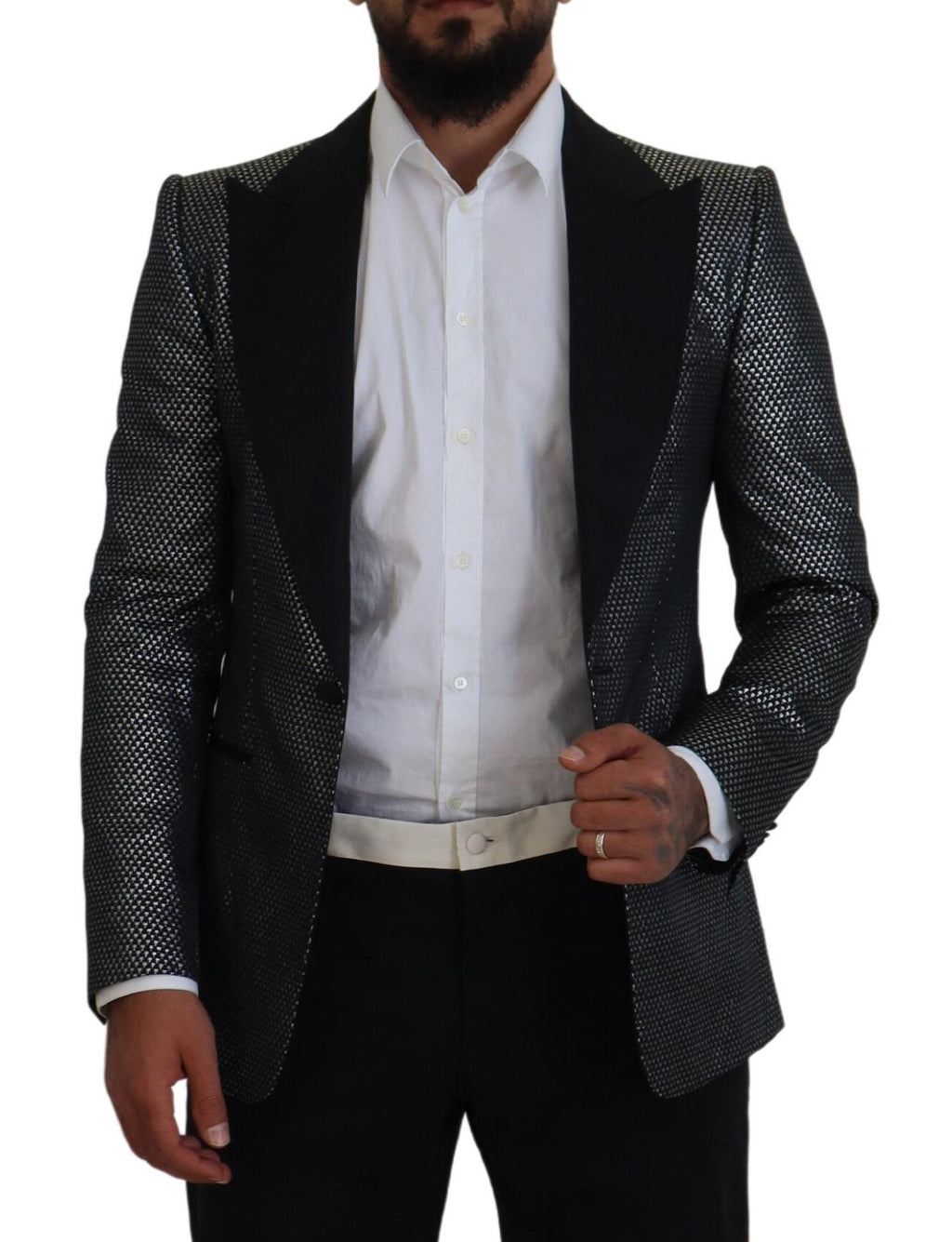 Dolce & Gabbana Dark Gray Silver Jacquard Slim Fit Jacket Blazer