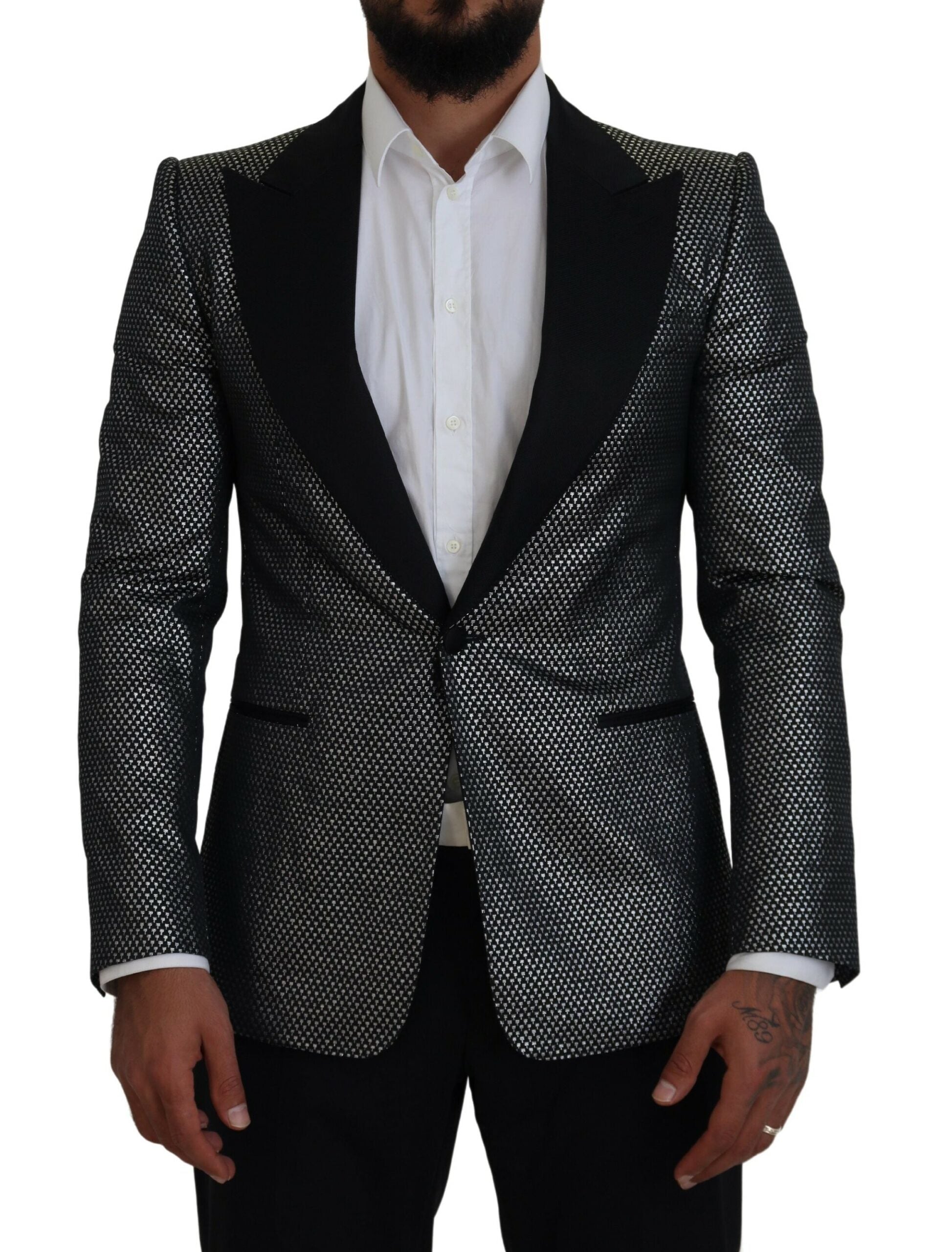Dolce & Gabbana Dark Gray Silver Jacquard Slim Fit Jacket Blazer