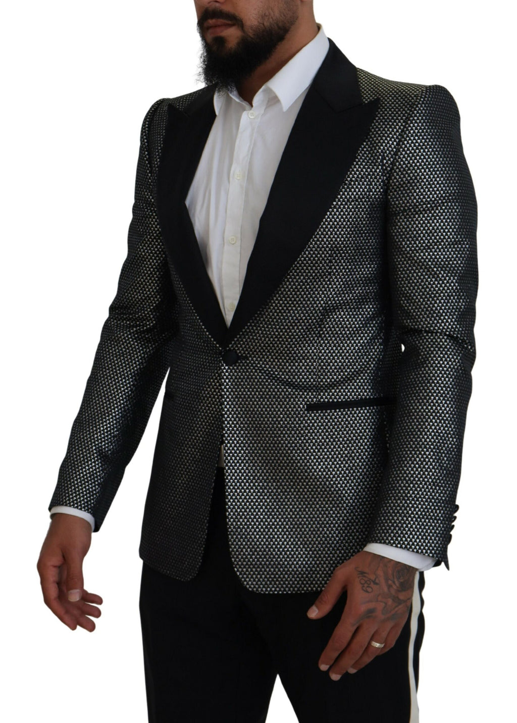 Dolce & Gabbana Dark Gray Silver Jacquard Slim Fit Jacket Blazer
