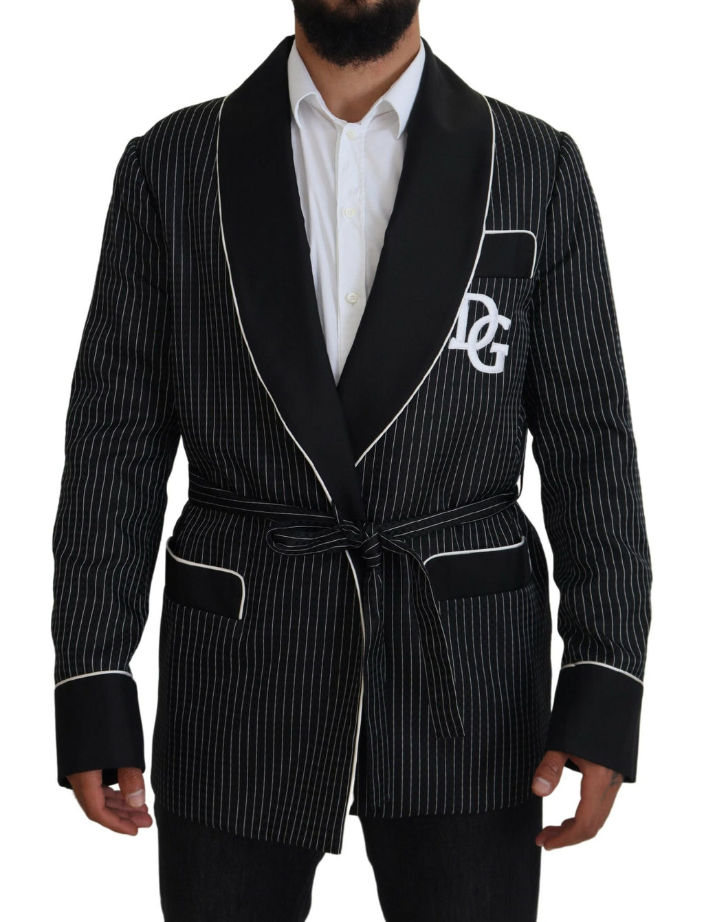 Dolce & Gabbana Dark Gray Robe Striped DG Patch Jacket Men Blazer