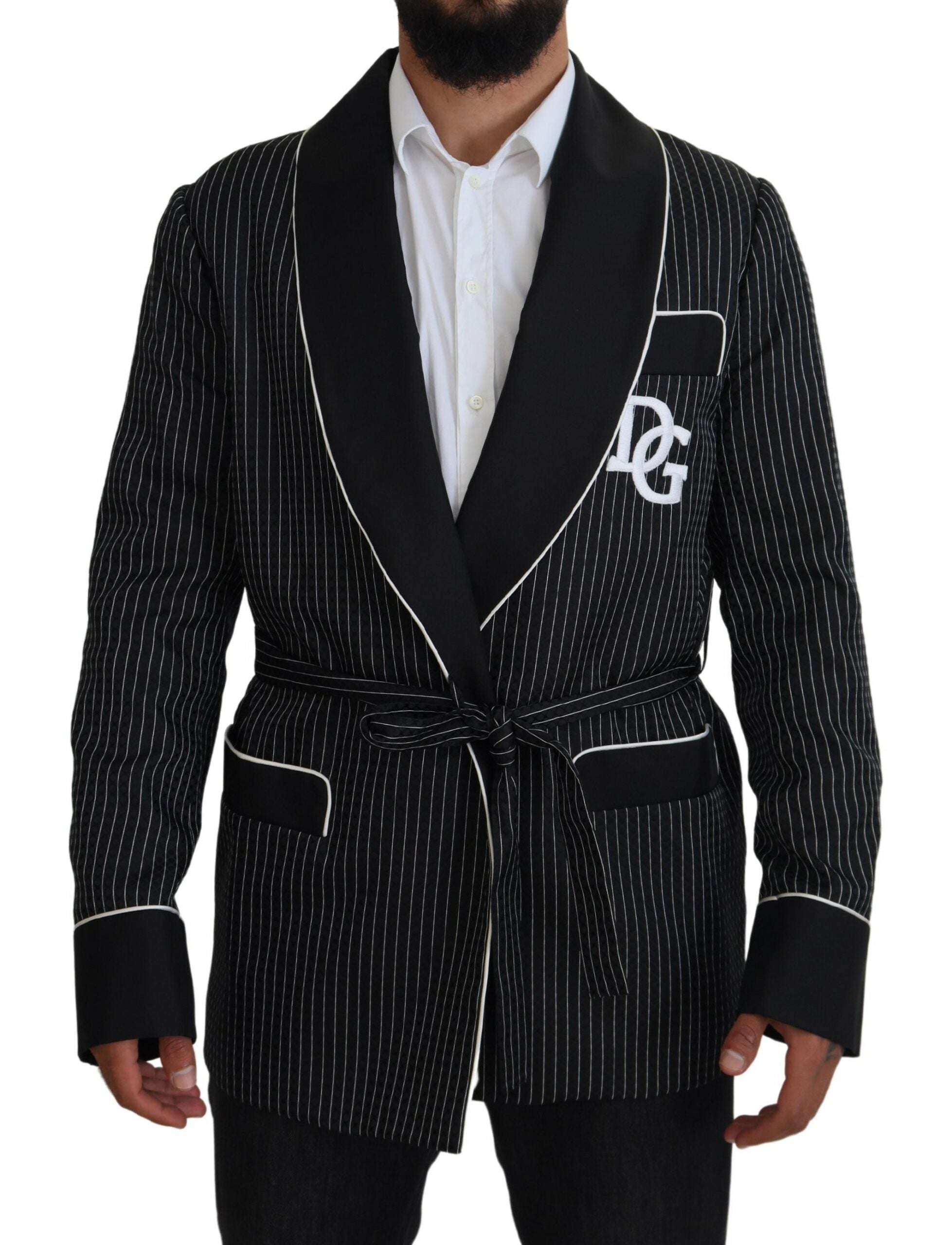 Dolce & Gabbana Dark Gray Robe Striped DG Patch Jacket Men Blazer