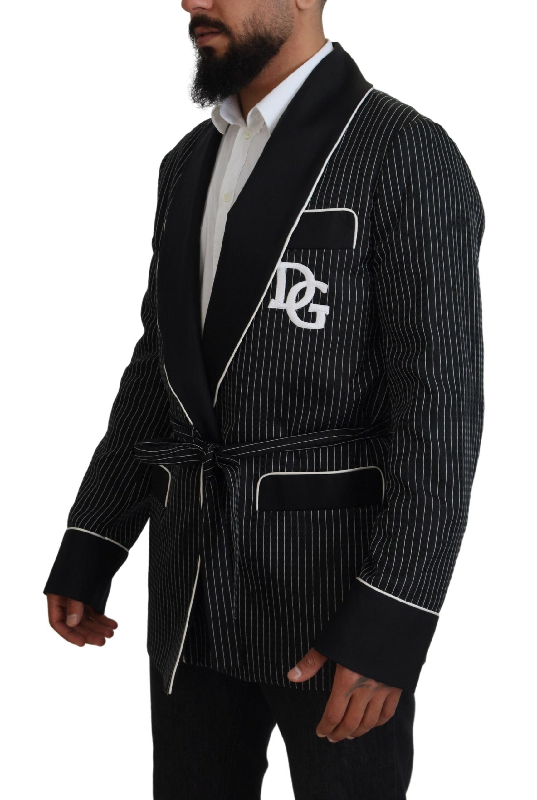 Dolce & Gabbana Dark Gray Robe Striped DG Patch Jacket Men Blazer
