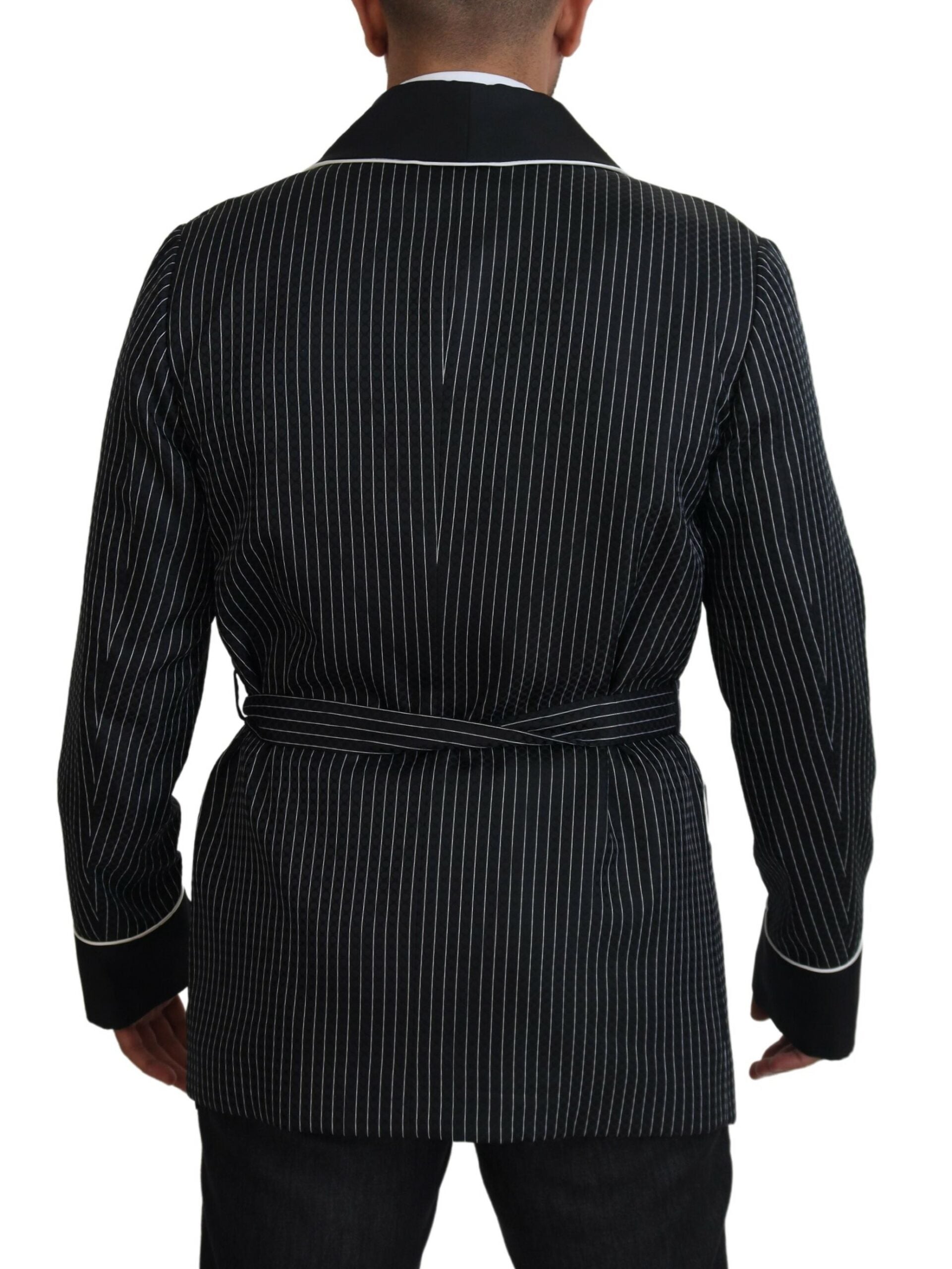 Dolce & Gabbana Dark Gray Robe Striped DG Patch Jacket Men Blazer
