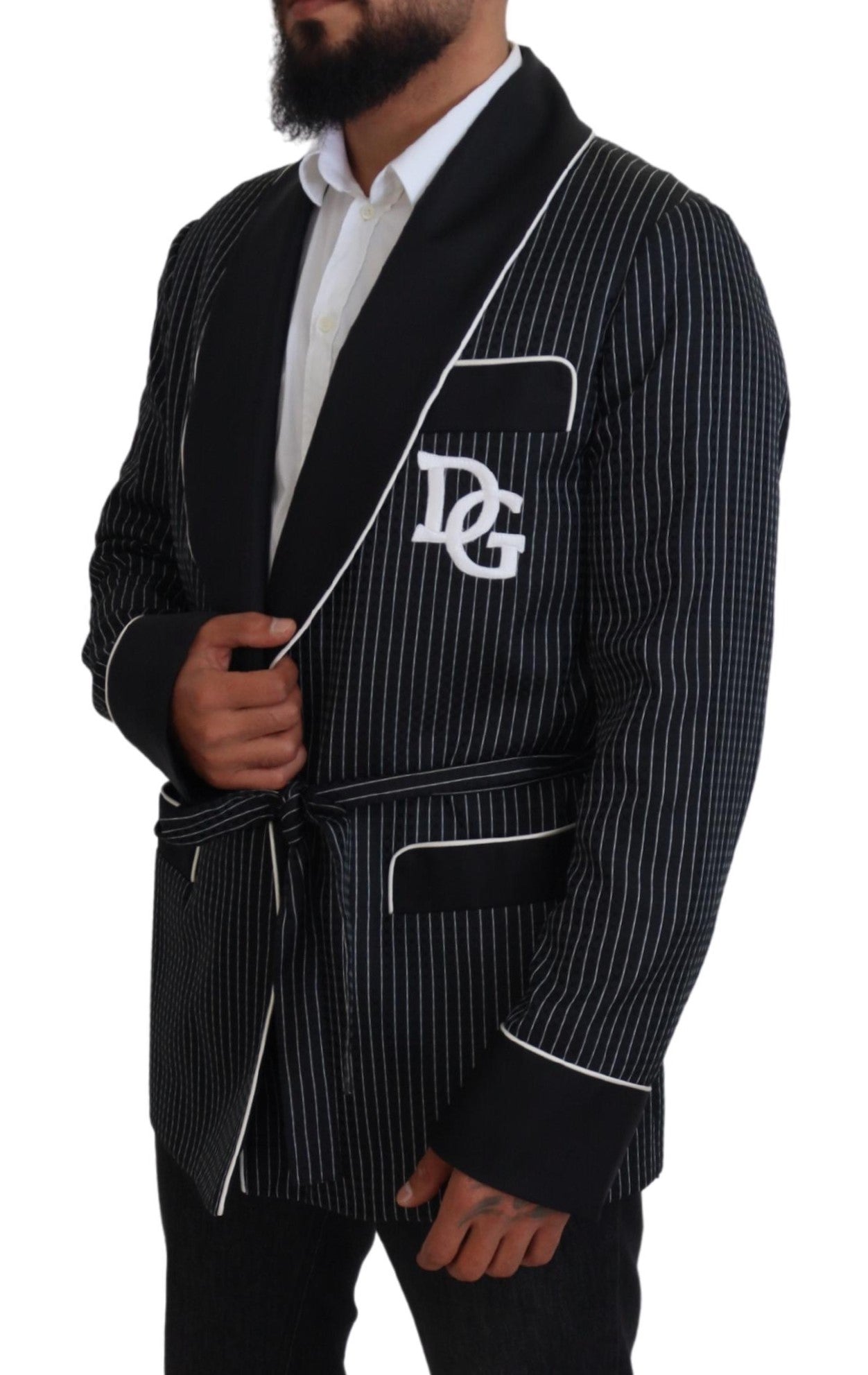Dolce & Gabbana Dark Gray Robe Striped DG Patch Jacket Men Blazer
