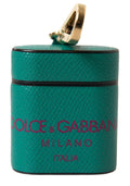 Dolce & Gabbana Green Maroon Calf Leather Logo Print Strap Airpods Case