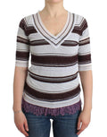 Ermanno Scervino Striped Lace V-Neck Short Sleeve Top Sweater