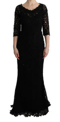 Dolce & Gabbana Black Floral Ricamo Sheath Long Dress