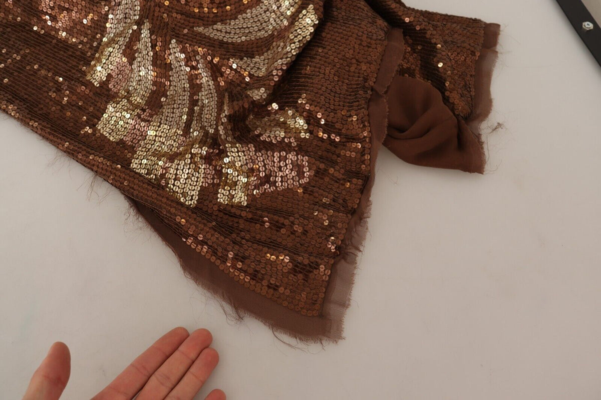 Dsquared² Brown Leaf Sequined Shift One Shoulder Long Dress