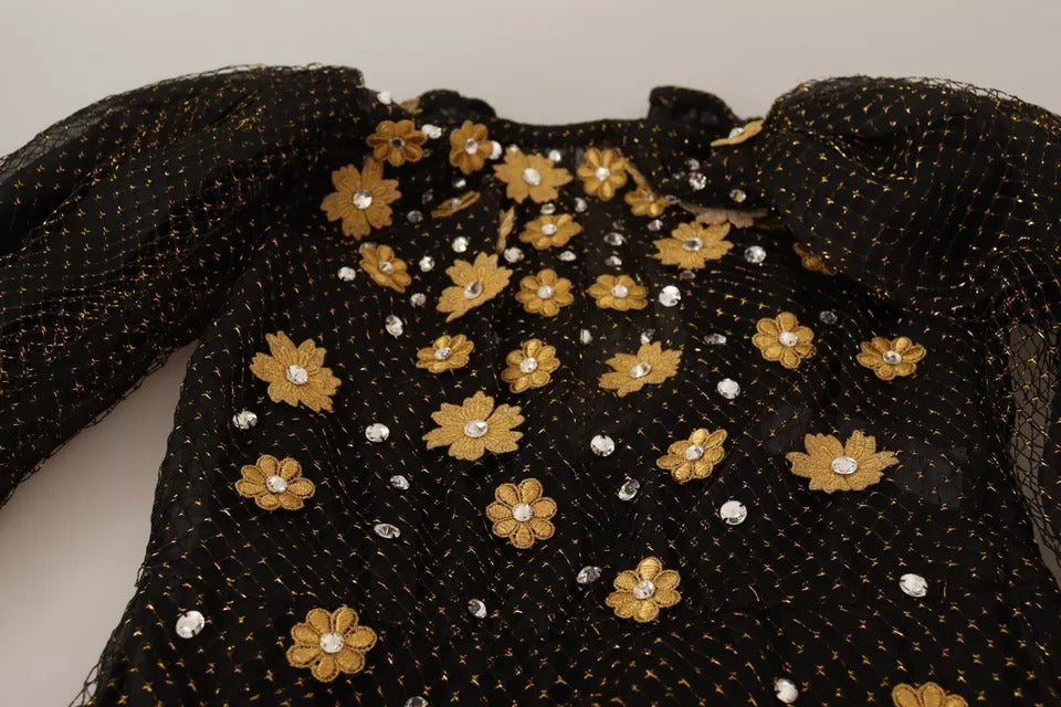 Dolce & Gabbana Black Crystal Floral Maxi Ball Gown Dress