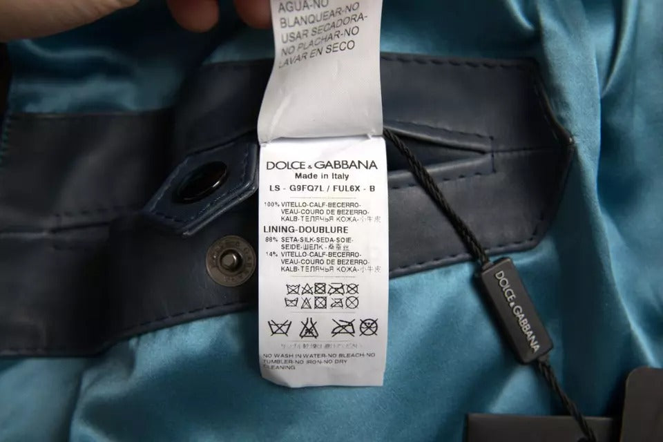 Dolce & Gabbana Blue Leather Full Zip Biker Blouson Jacket