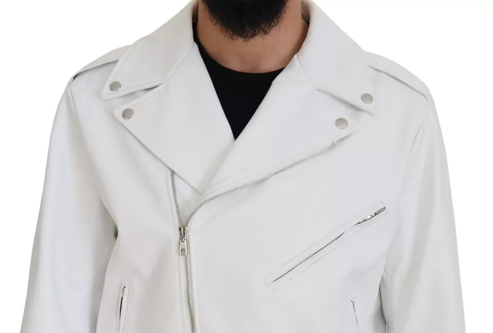 Dolce & Gabbana White Leather Biker Coat Zipper Jacket
