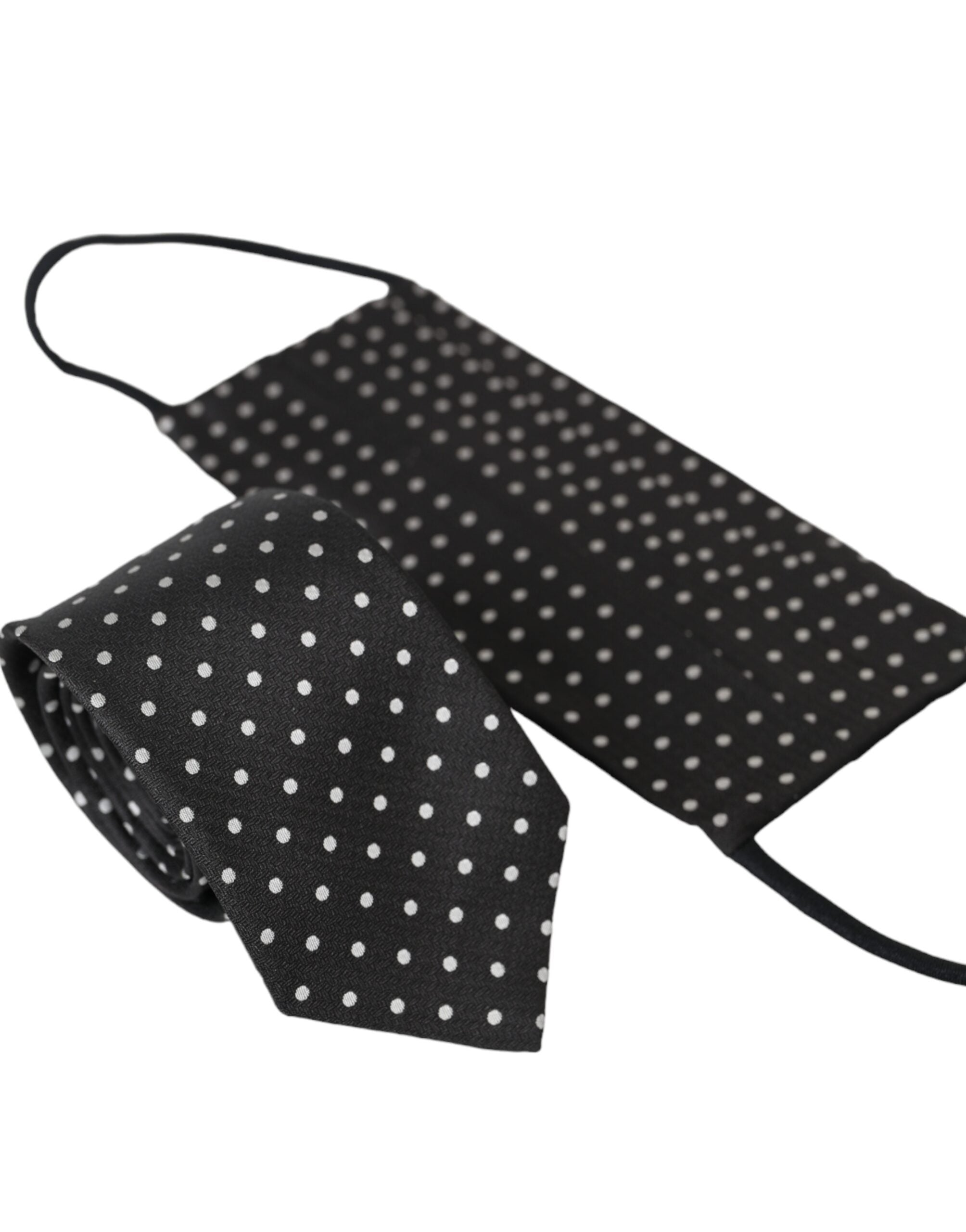 Dolce & Gabbana Dark Gray White Polka Dots 100% Silk Necktie Face Mask